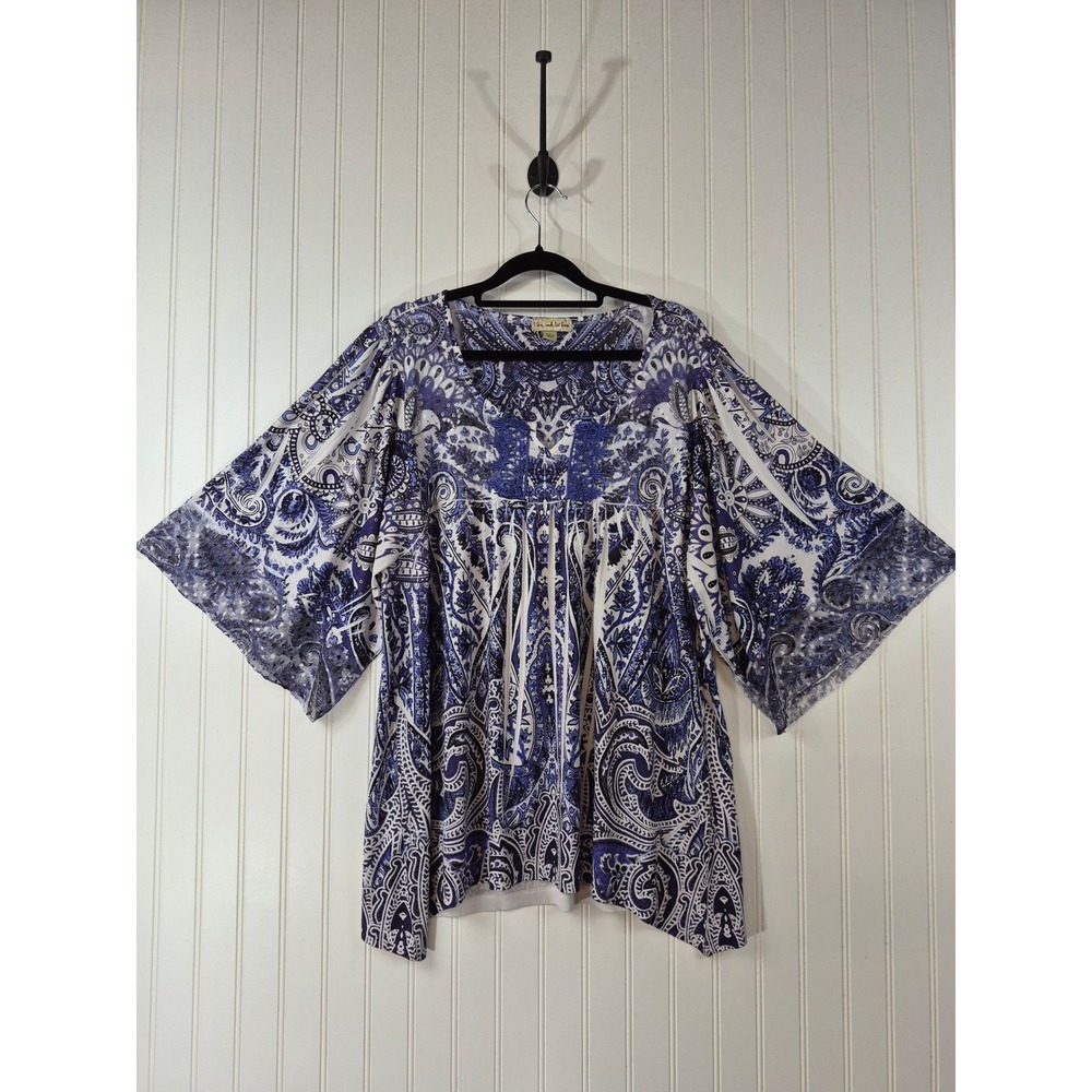 Live and Let Live Blue Paisley Lace Trim V-Neck Bell Sleeve Boho Blouse Large